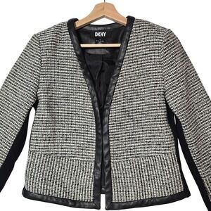 DKNY Women's Black Tweed Faux Leather Trim Collarless Blazer Jacket US 4